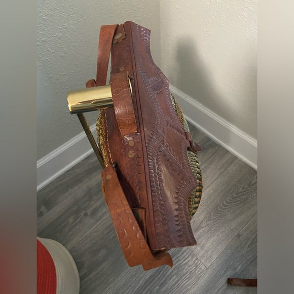 Rare Vintage Boho Leather Woven Jute Bucket Saddle Crossbody Top Handle Bag - Picture 2 of 16